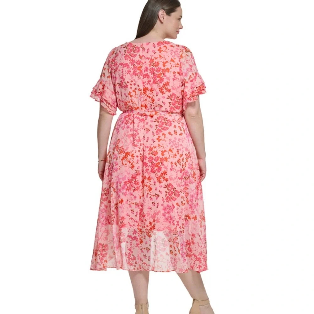 NWT DKNY Plus Size Floral Ruffled Sleeve Dress - Picture 2 of 6